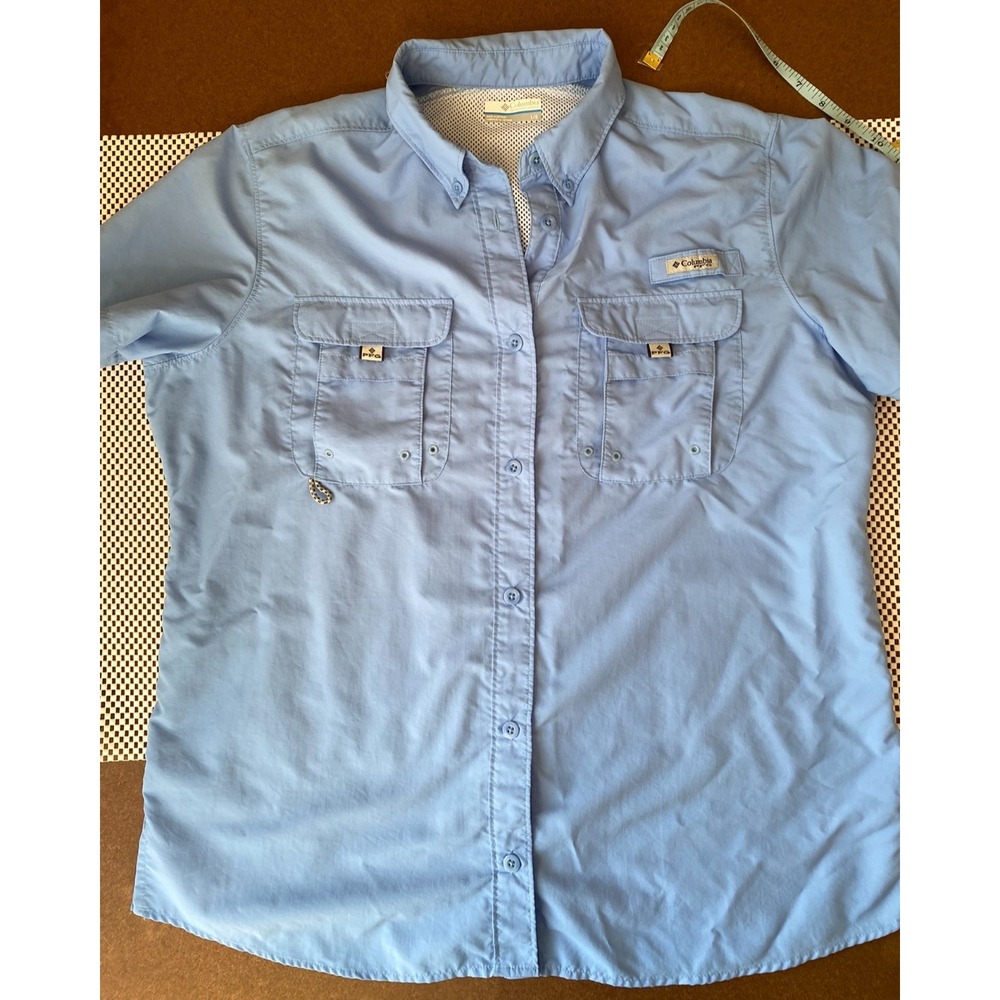 Columbia Fishing Shirt Womens Large PFG Bahama Short Sleeve Blue Hiking Outdoor
